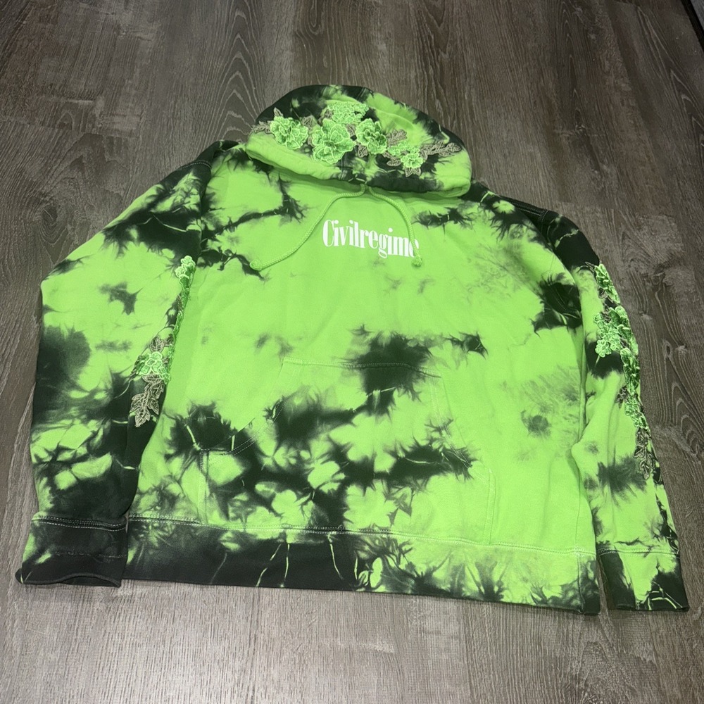 Civil Regime Hoodie Mens S Green Black Tie Dye Floral Embroidered Flowers